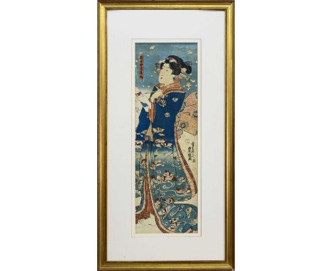 JAPANESE KAKEMONO-E WOODBLOCK PRINT, 19TH CENTURY depicting a bijin, framed96cm x 49cm 