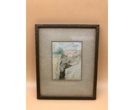 An original watercolour on milk glass of bridge scene, Signed K. To the corner. Measures 21.5x17.5cm inc frame. 