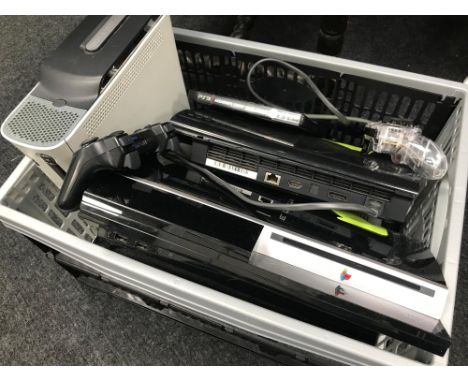 A Crate of consoles includes 2 PS3 Consoles, controllers and cables together with Xbox 360 console with controller and cables