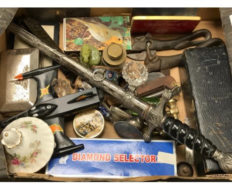A Box of collectables which includes 2 Antique bull head can openers, Military style dagger, Diamond tester, Mutton fat jade 