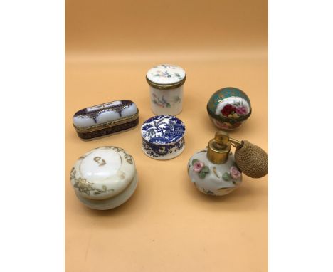 A Lot of 6 Porcelain trinket boxes and perfume atomiser. Includes names such as Noritake, Aynsley &amp; Dresden 