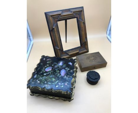 A Victorian Lacquered jewel box inlaid with mother of pearl (Hinges damaged) Victorian raised wood picture frame, Chinese car