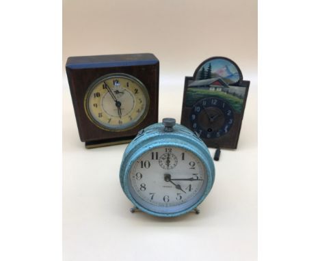 Veglia Italian alarm clock, Seth Thomas American alarm clock &amp; small wall clock. 