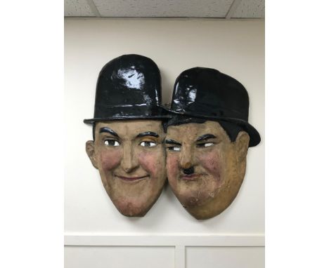 An Original &amp; Unique pair of vintage 1930s 40s Laurel &amp; Hardy paper mache masks. Comes with The New Tivoli sign and w