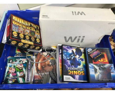 A crate of various console games, also includes 2 Wii consoles. 
