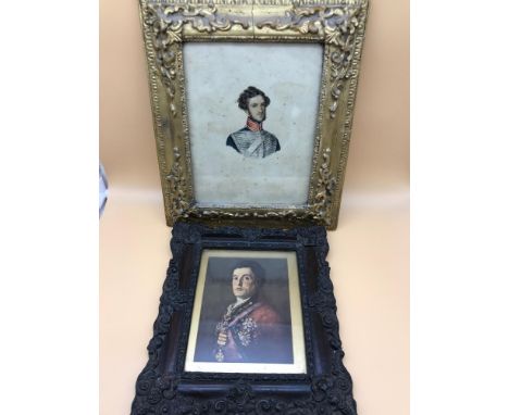 An antique Napoleonic soldiers watercolour portrait. Stamped with a seal wax crest to the back (Rampant lion &amp; stag) fitt