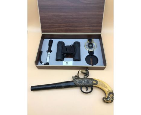 Replica heavy display flint lock pistol, Toghether with boxed compass, binoculars and torch set. 