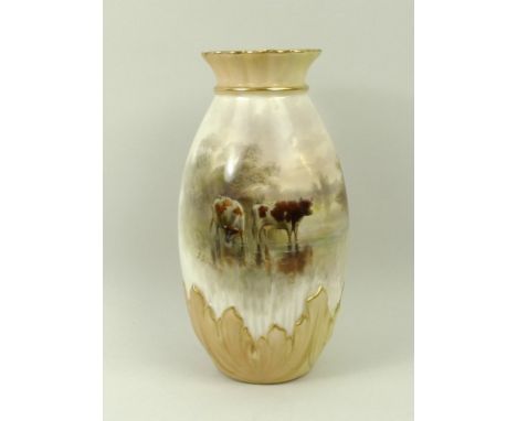 A Royal Worcester porcelain vase, circa 1903, of ovoid form with frilled outswept rim and relief moulded foliate base, decora