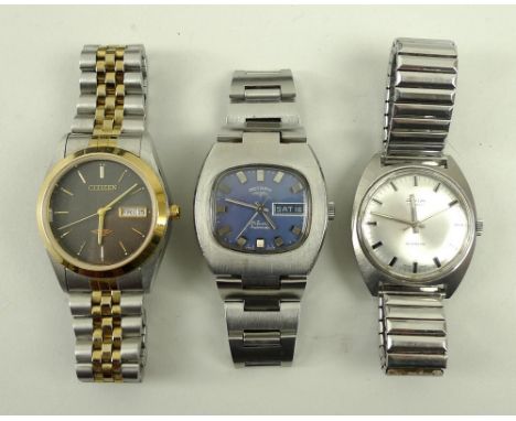A gentleman's Rotary Automatic wristwatch, cushion cased, with batons to the blue face, and day and date aperture, an Avia In