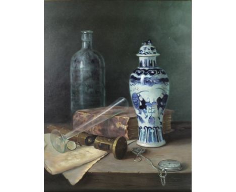 Raymond Campbell (British, b. 1956): a contemporary still life depicting a Chinese crackle glaze jar, with brass microscope a