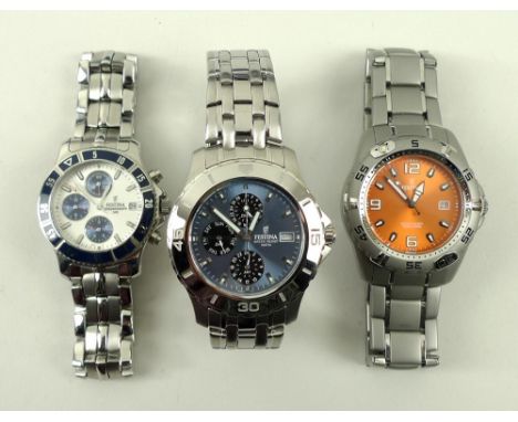 A collection of gentleman's Festina timepieces, comprising a wristwatch with orange face, quarter Arabic numerals and date ap