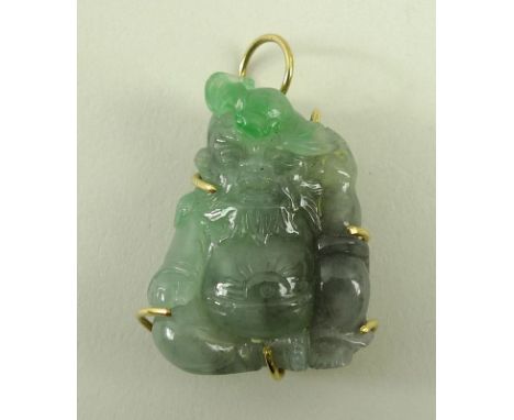 A pale jade pendant, carved as a deity with a bat on his forehead, with pendant attachment mount, 2.5 by 1 by 3cm. 