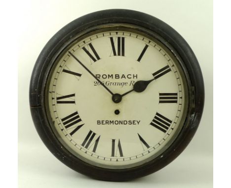 A dial clock, the 12 inch white face with Roman numerals, Rombach 206 Grange Road, Bermondsey, single fusee movement, in maho