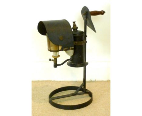 A Railways portable paraffin station lamp and metal stand originally from the station at Bluntisham in the late 1960's, 35 by