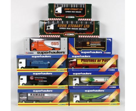 A collection of Corgi Superhaulers, including die cast 1:64, Eddie Stobbart curtainsider and Ridgid truck,TNT Ridgid Working 