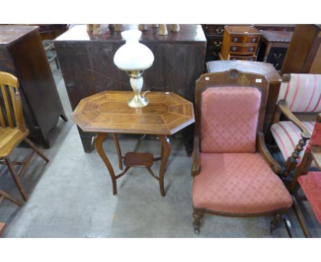 An Edward VII mahogany occasional table, a Victorian carved oak chair and a lamp 