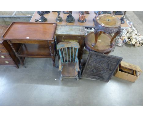 An oak barleytwist fold over card table, a mahogany drum shaped occasional table, a child's chair, a carved oak fire screen, 