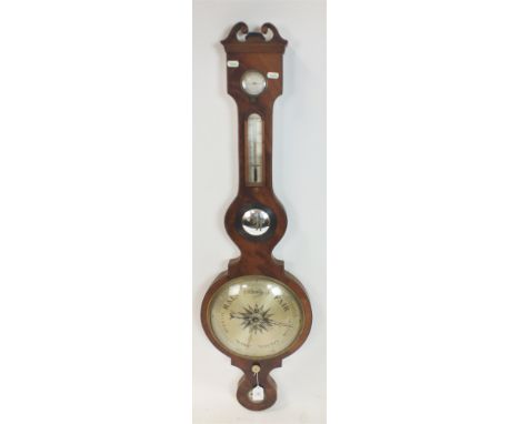 A 19th Century mahogany banjo barometer The silvered 10" dial with black calibrations, the case with swan-neck pediment and i