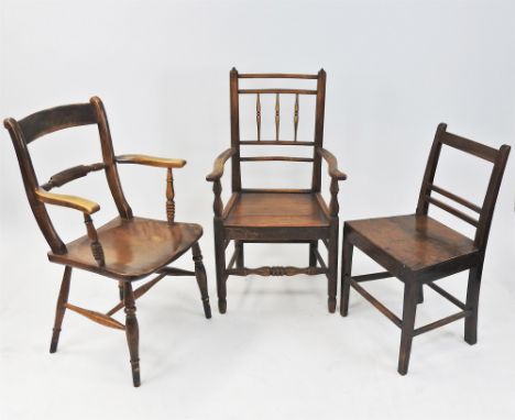 Elm seat clisset type open armchair, 19 th century with spindle back and raised on club legs, also a Victorian bar back open 