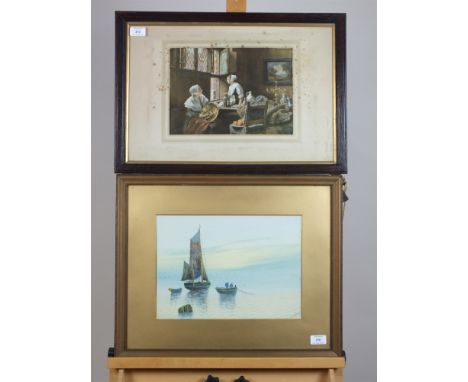 Vernon Hardy, Fishing boats on a calm sea, signed lower right, gouache, 25 x 34cm together with a print after a different han