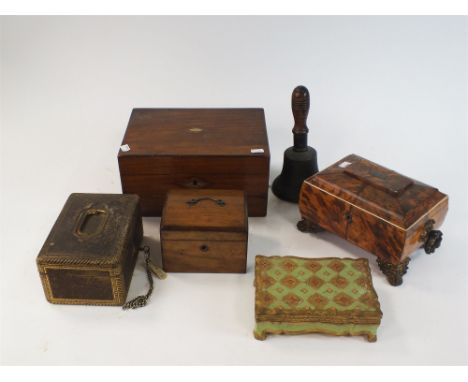 A group of 19th century boxes, to include; a tortoiseshell mounted work box with gilt metal ring handles and feet, an inlaid 