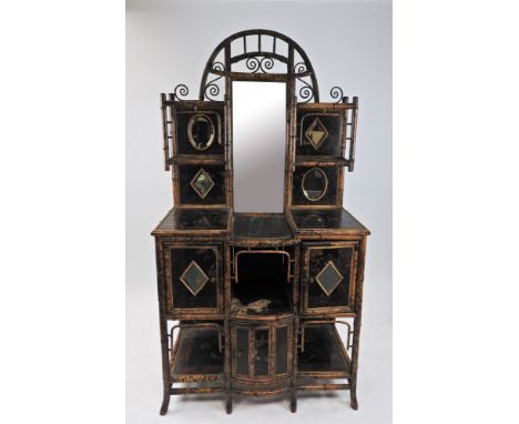 A Victorian bamboo framed mirror back sideboard, late 19 th century with Japanese lacquer panels inset throughout and oval an