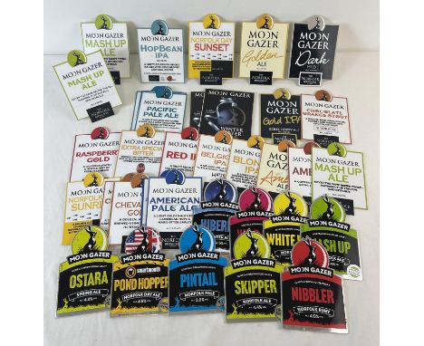 35 Moon Gazer Brewery beer pump clips. To include Pond Hopper, Dark Mild, Hopbean IPA, Norfolk Day Sunset, Mash Up ale, Ostar
