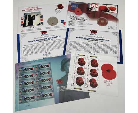 2 The Royal British Legion collectors Â£5 coin first day covers together with stamp blocks celebrating 90th anniversary of Th