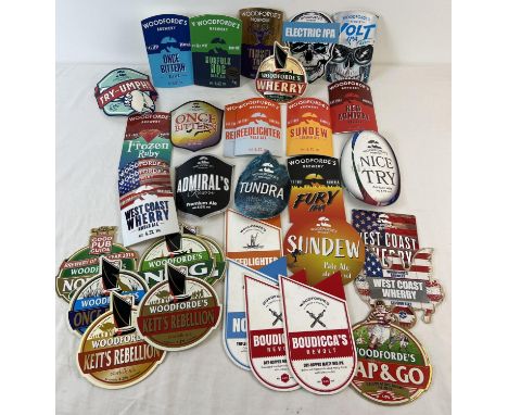 34 Beer pumps clips for Woodforde's Brewery. To include Nog, Once Bitten, Norfolk Nog, Wherry, Frozen Ruby, Red admiral, Sund