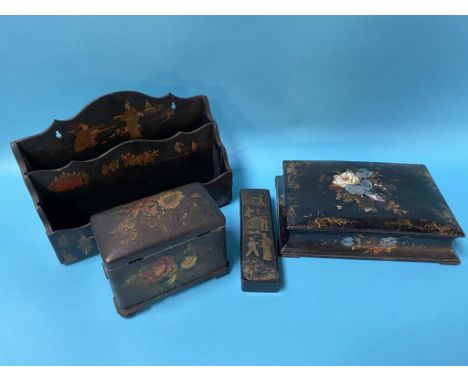 A Jennens and Bettridge jewellery casket, a papier mache tea caddy etc.
