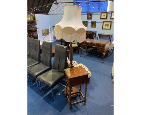 An oak standard lamp and barley twist sewing box