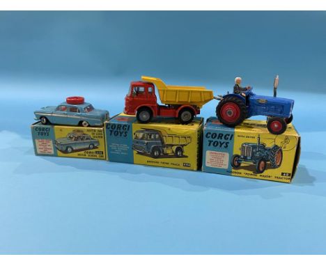 Boxed Corgi toys; Bedford Tipper Truck, 474, a Fordson Power Major Tractor 60 and an Austin A60 De Lux Saloon, 236