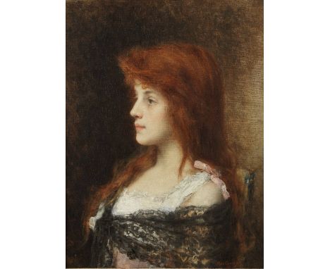 Alexei Alexeevich Harlamoff (Russian, 1840-1925)Portrait of a girl in a black lace shawl signed 'Harlamoff' (lower right)oil 