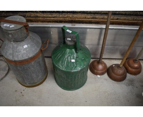 A vintage galvanised and green painted large oil or fuel can