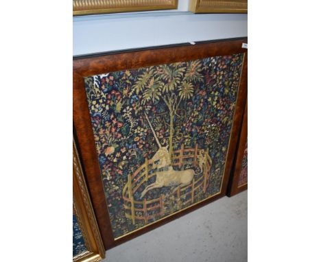 A woolwork tapestry , Unicorn, in walnut frame