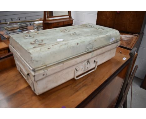 A vintage small size metal travel trunk or case