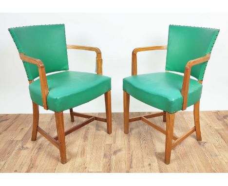 ARMCHAIRS, a pair, vintage 20th century, green vinyl upholstered, 83cm H. (2) 