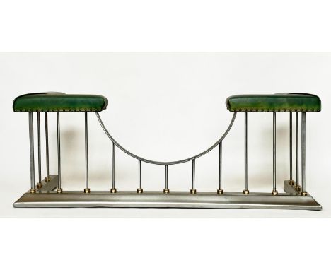 CLUB FENDER, vintage steel with studded green leather seat pads raised upon shaped balustrade support, 145cm x 53cm H x 50cm.