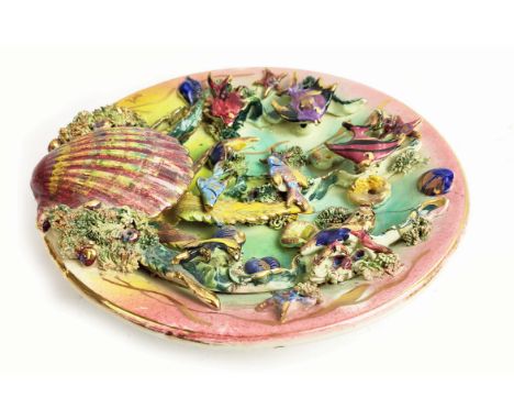 Majolica, Pottery WALL LIGHT PUGI OF ITALY, mid 20th century, signed lower left, 26cm diam. 