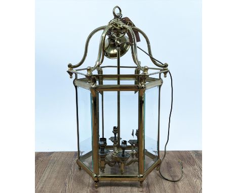 HANGING LANTERN, Victorian style, hexagonal shaped, brass frame and bevelled glass panes, 80cm high, 41cm diam. 