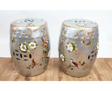 BARREL STOOLS, a pair, glazed ceramic, 45cm H x 35cm diam. (2) 