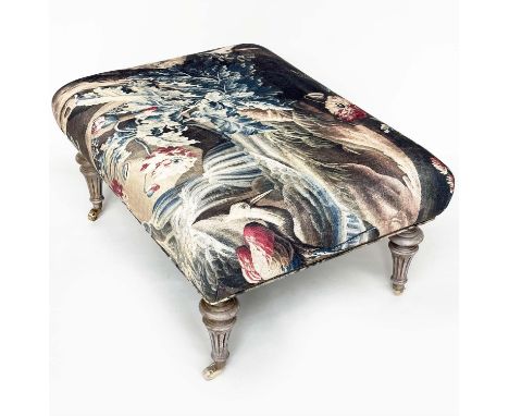 HEARTH STOOL, rectangular tapestry style printed linen raised upon turned tapering bleached oak supports, 72cm x 95cm x 48cm 