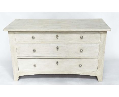 SCANDINAVIAN COMMODE, 19th century grey painted with three long drawers and stile supports, 117cm x 69cm H x 50cm. 