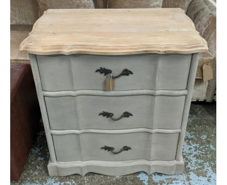OKA COMMODE, 74cm x 50cm x 75cm H, shaped top on a grey painted base. 