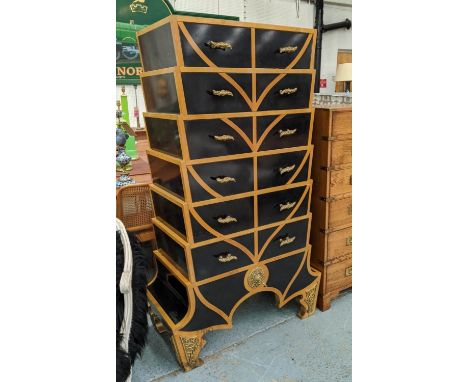 TALL CHEST, 161cm H x 96cm W x 46cm D, Art Deco style, stepped sides and gilt handles. 
