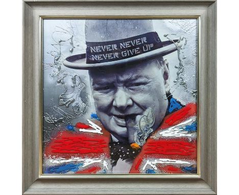 CONTEMPORARY SCHOOL PRINT, portrait of Window Churchill, relief detail, framed and glazed, 86cm high, 85cm wide. 