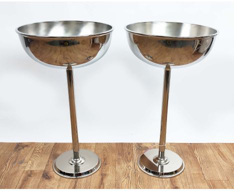 FLOOR STANDING CHAMPAGNE COOLERS, Art Deco style, polished metal, 70cm H x 40cm W. (2) 