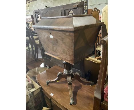 Nineteenth century mahogany sarcophagus shape teapoy, 53cm wide, 37cm deep, 75cm high