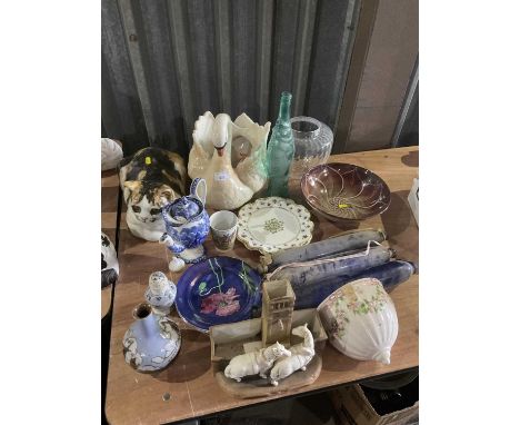 Three 19th century Bristol blue glass sailor's love tokens/rolling pins, Winstanley pottery cat, Royal Doulton vase, other ch