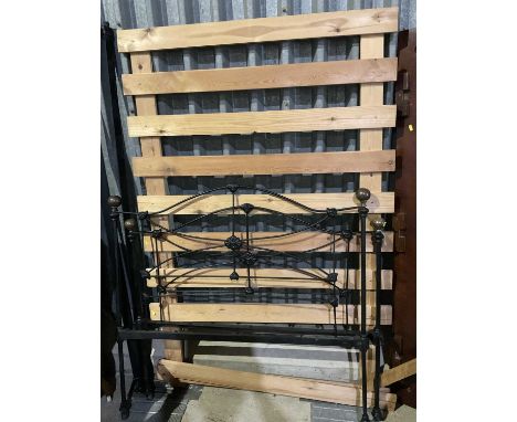 Victorian brass and iron small double bedstead, modern wooden base, 124cm wide 